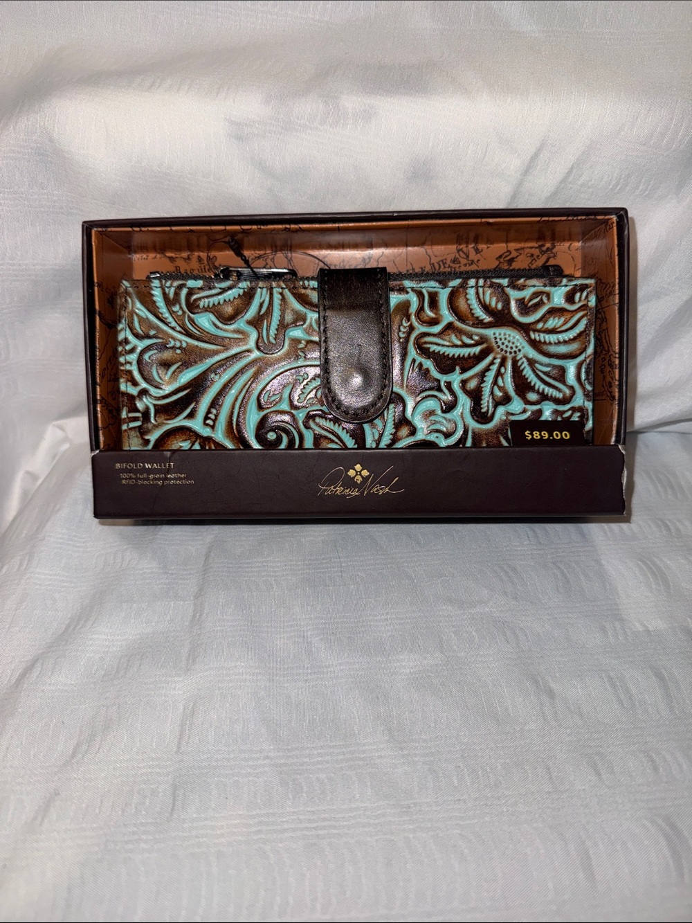 Patricia Nash Turquoise and Dark Brown Tooled Leather Wallet